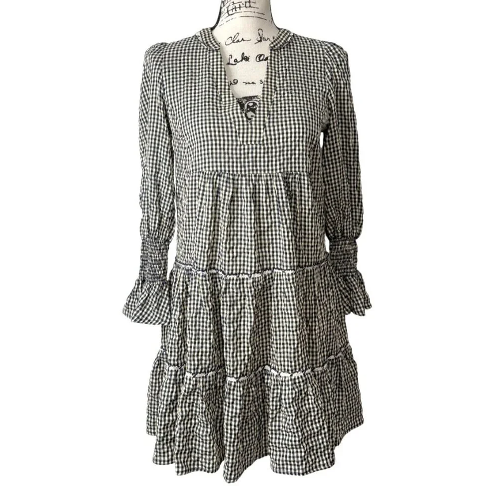 Pomander Place Long Sleeve Kenzo Dress Navy Blue Cream Gingham Womens Size XS - Picture 2 of 9